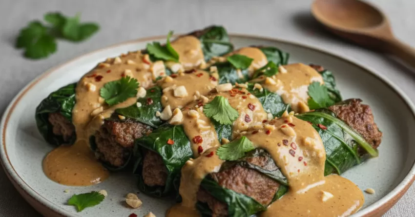 Rolinho de acelga e carne com molho de amendoim