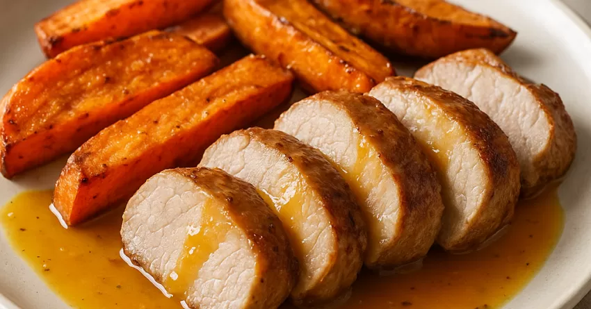 Lombo com batata-doce e molho de laranja em uma panela só