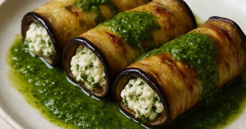 Rolinho de berinjela com recheio de ricota e molho de manjericão