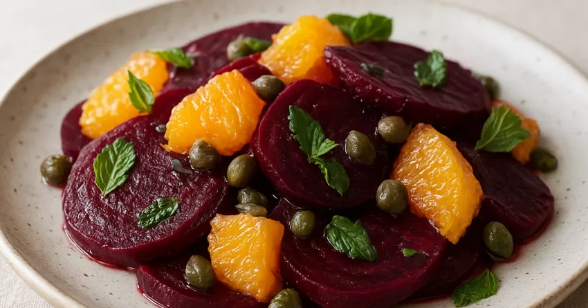 Salada de beterraba com laranja alcaparras e hortelã