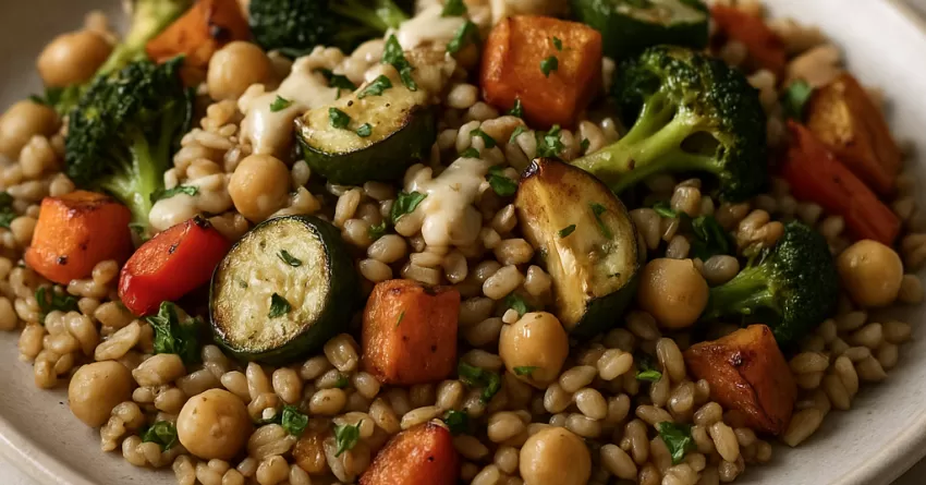 Salada de grãos com legumes assados e molho de tahine