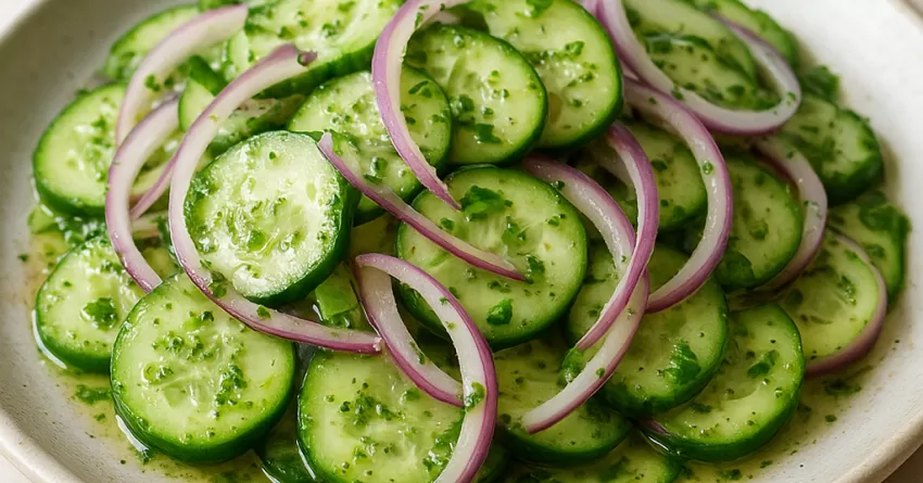 Salada de cebola com pepino e molho de coentro