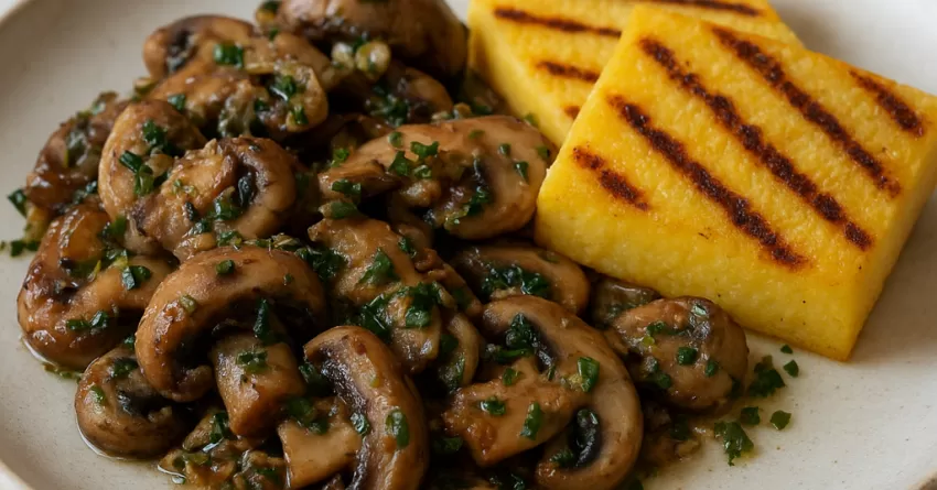 Cogumelo a provençal servido com quirera grelhada