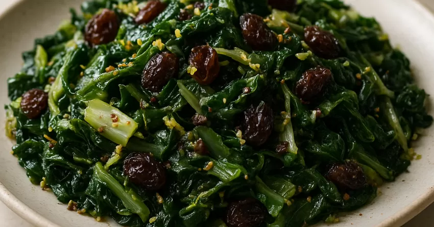 Escarola refogada com uva-passa limão e pimenta síria