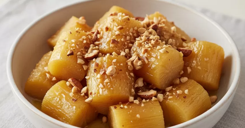 Mandioca cozida com manteiga de mel e castanha-de-caju