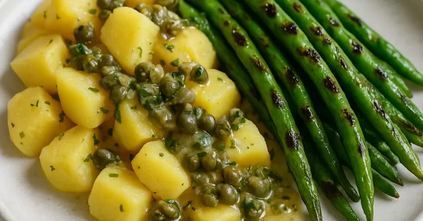 Salada de mandioquinha com vagem grelhada e molho de alcaparras