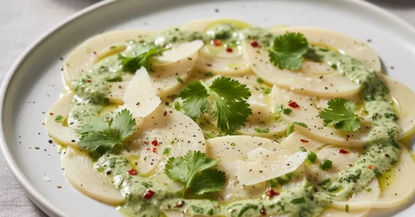 Carpaccio de palmito com molho de coentro