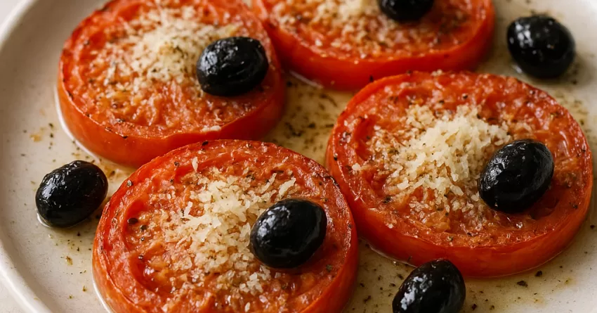 Rodela de tomate assada com parmesão azeitona preta