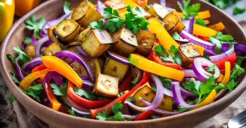 Salada de berinjela frita com pimentão e cebola roxa: sabor vibrante