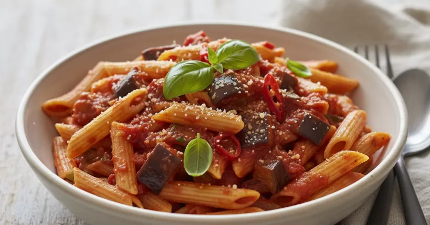 Penne arrabbiata com berinjela