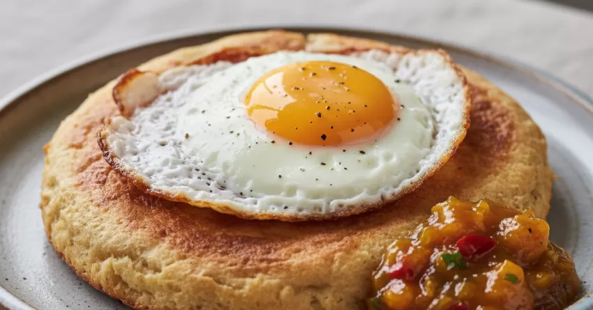 Pão de frigideira com ovo e chutney de manga