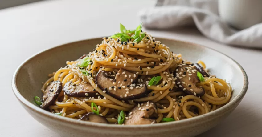 Macarrão com shitake e gergelim