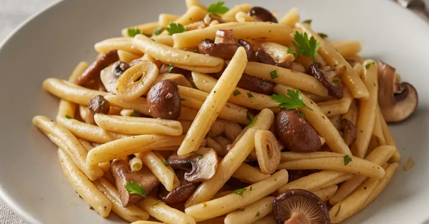 Macarrão trofie: macarrão ao alho com cogumelos